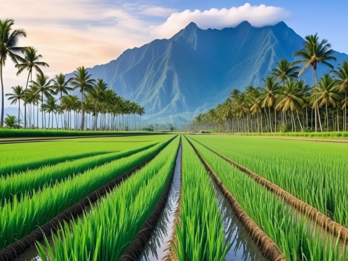Lush Rice Field with Mountain and Palm Trees Scene