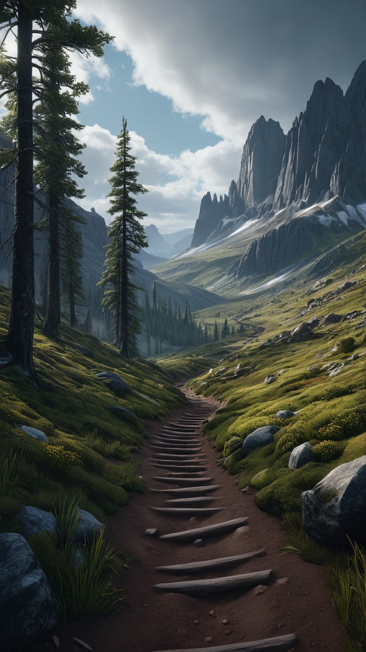 Mountain Landscape with Winding Path and Pine Trees