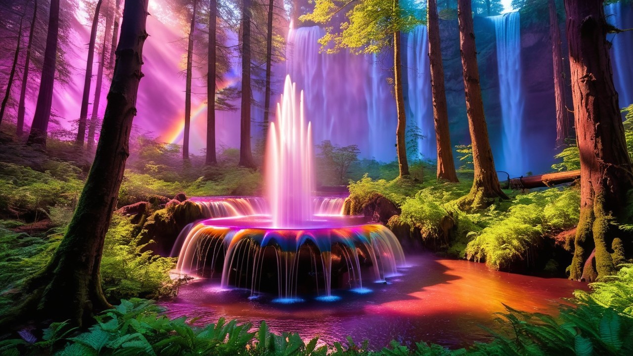 Vibrant Forest Waterfall with Colorful Fountain and Rainbow