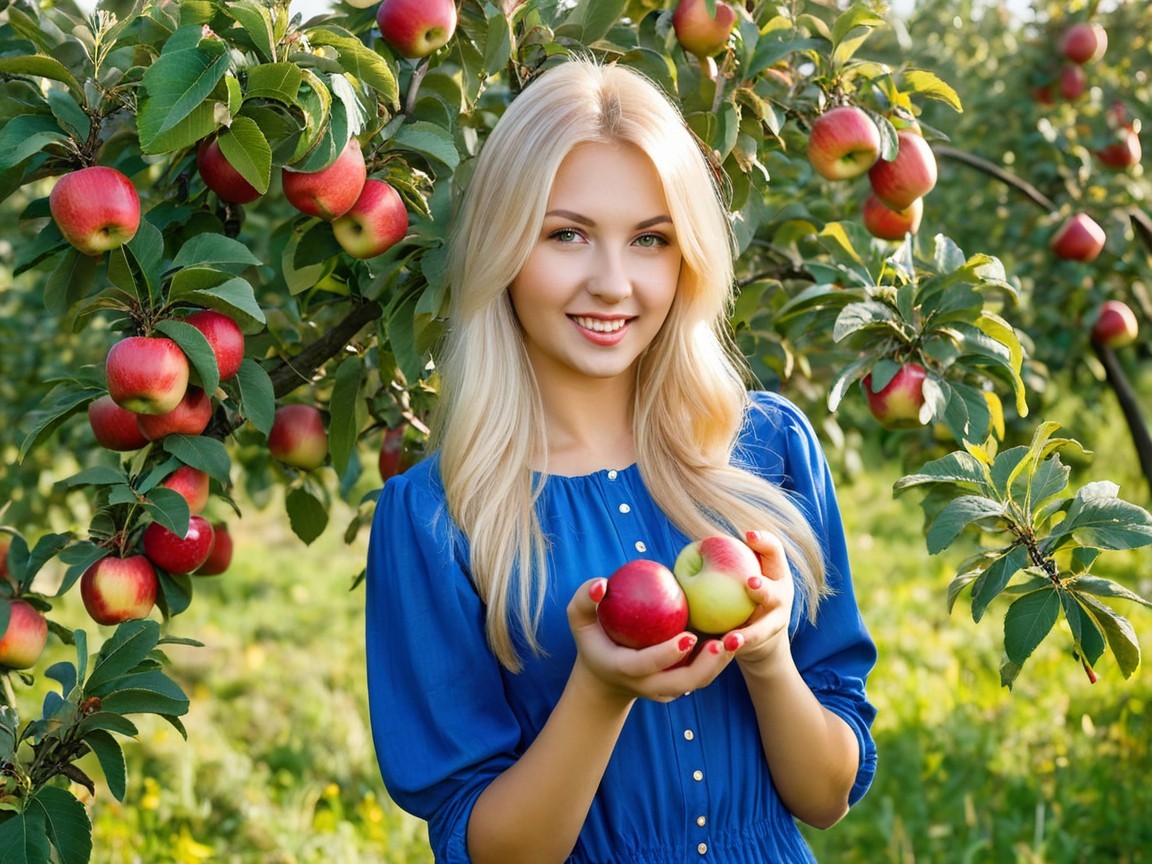 Young woman in apple orchard with vibrant apples