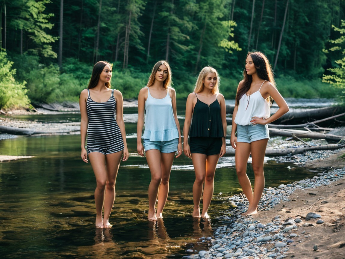 Young women in casual summer outfits by a riverbank