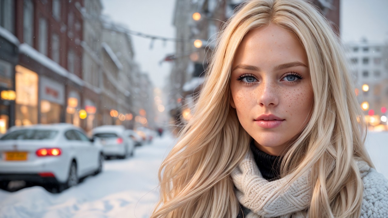 Young woman in snowy urban setting with festive lights