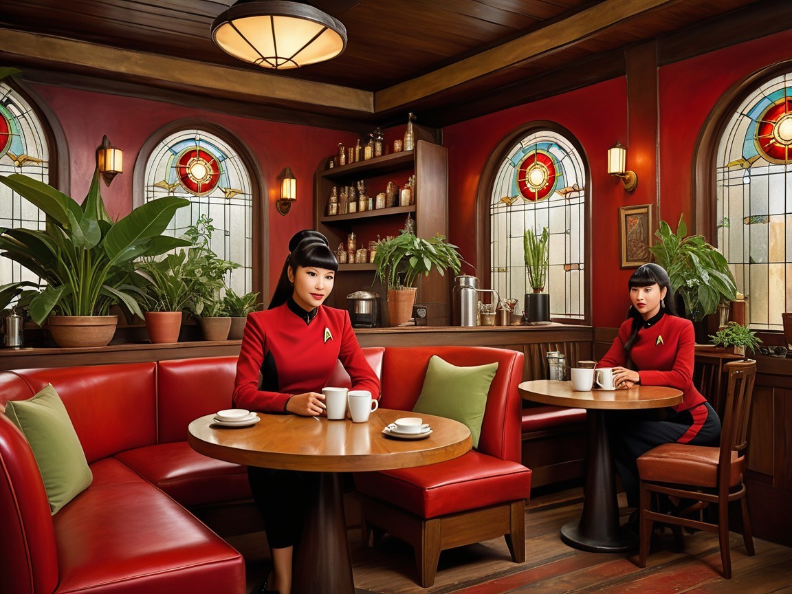 Women in Starfleet uniforms at a cozy cafe setting