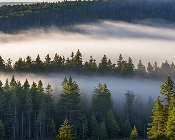 Serene Landscape of Misty Evergreen Forest