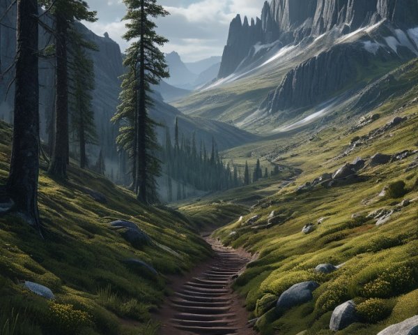 Mountain Landscape with Winding Path and Pine Trees