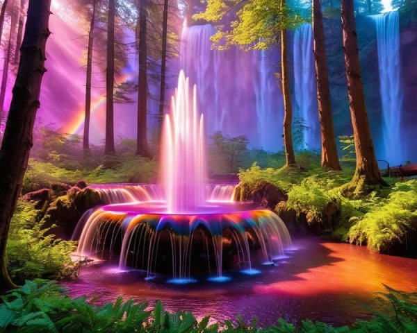 Vibrant Forest Waterfall with Colorful Fountain and Rainbow