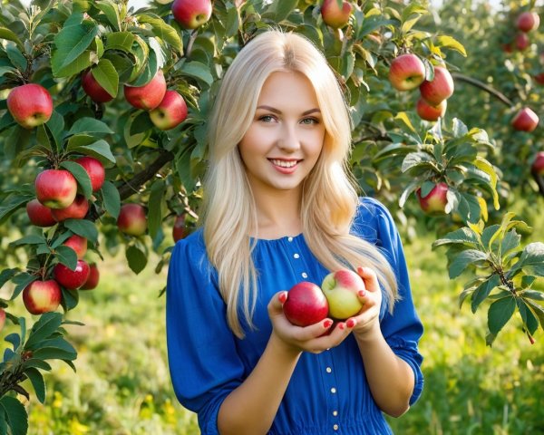 Young woman in apple orchard with vibrant apples