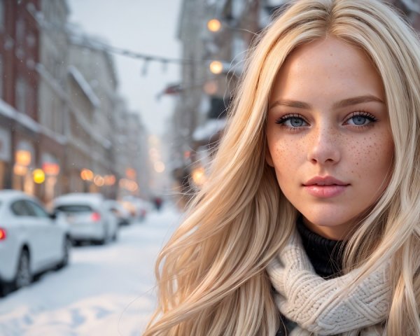 Young woman in snowy urban setting with festive lights