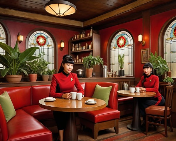 Women in Starfleet uniforms at a cozy cafe setting
