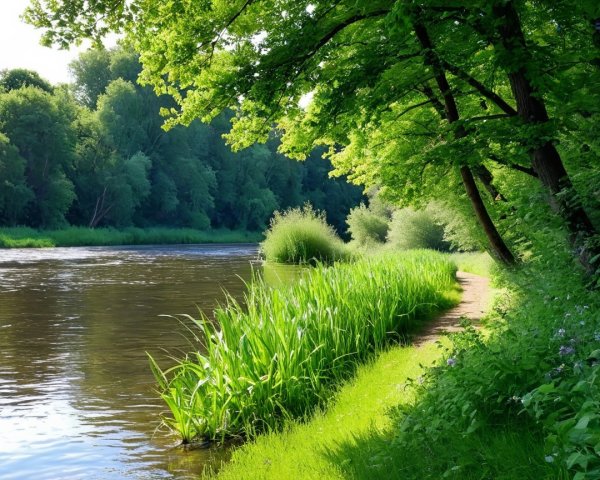 Serene Riverbank with Lush Greenery and Water Reflections