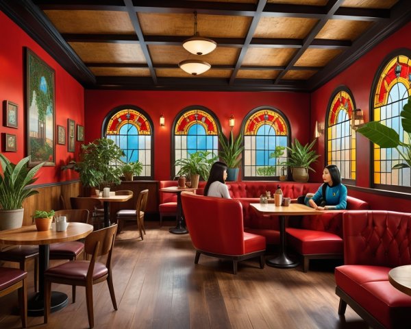 Cozy restaurant with red walls and stained glass windows