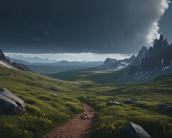 Winding Dirt Path in Lush Valley with Mountains and Clouds