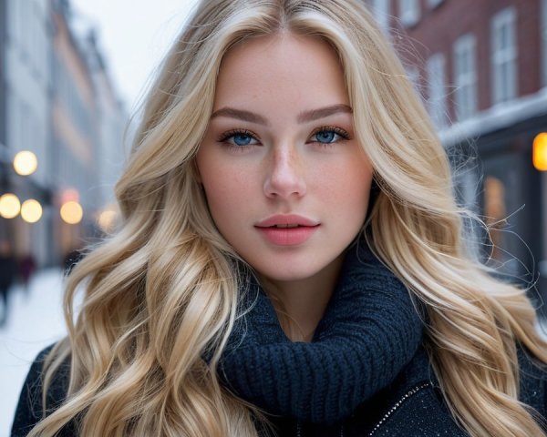 Young woman in snowy street with cozy sweater and lights