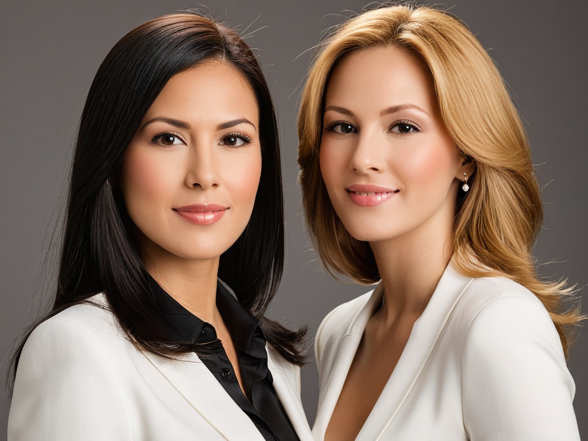 Elegant Women in Stylish Suits Against Neutral Background