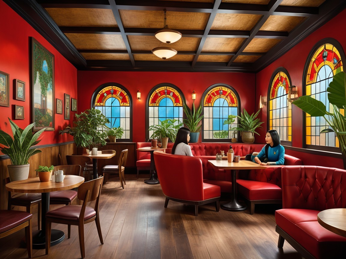 Cozy restaurant with red walls and stained glass windows
