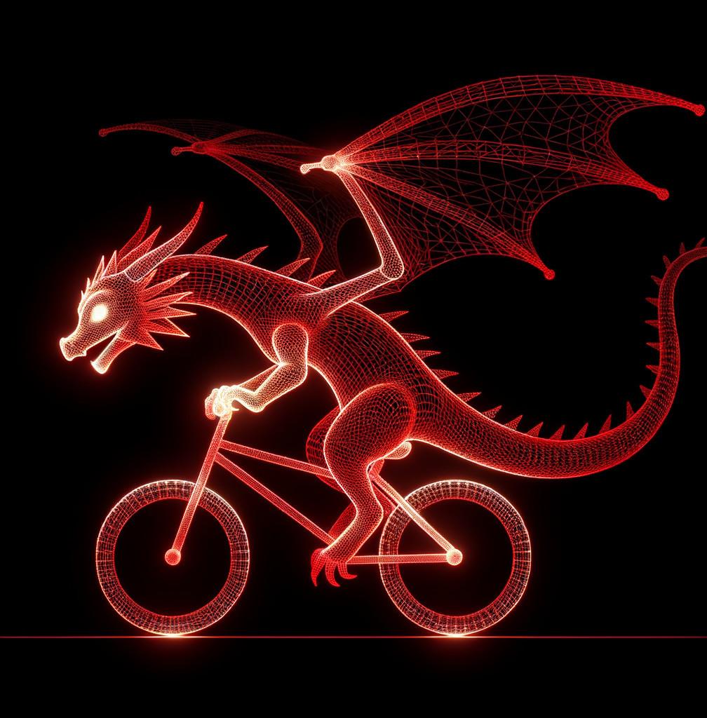 Glowing Dragon on Bicycle in Wireframe Design