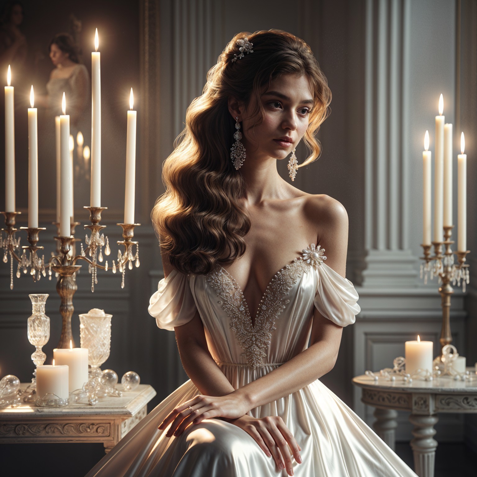 Elegant young woman in off-shoulder wedding gown