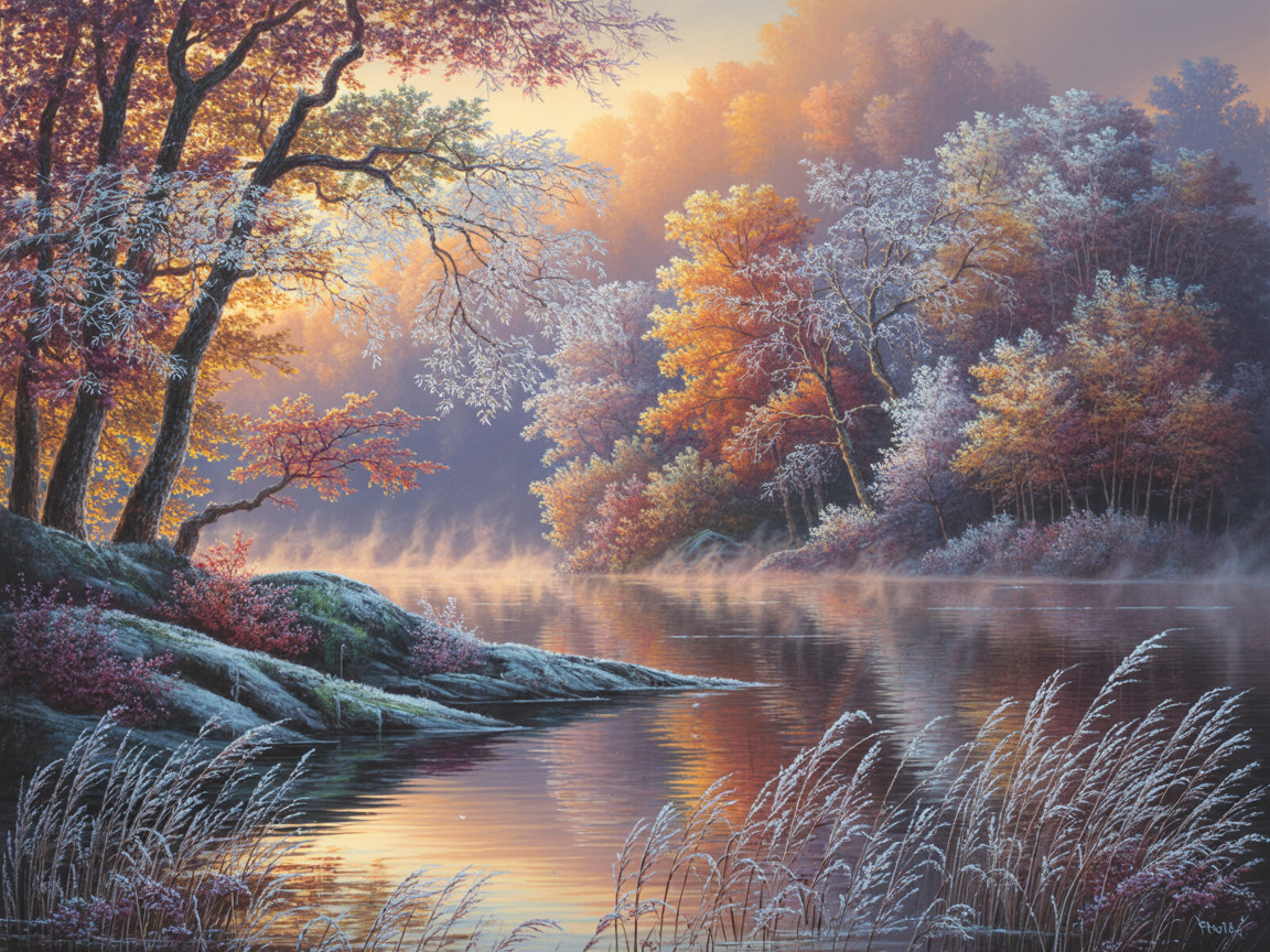 Hyperrealistic 8K Painting of Autumn Lake Landscape