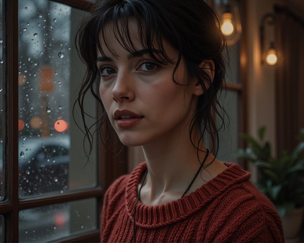 Close-up of Young Woman Behind Raindrop-Covered Window