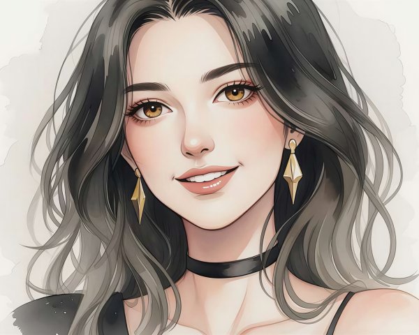 Bust shot of a woman with dark grey hair in anime style