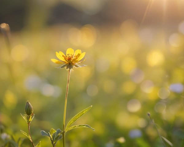 Yellow Flower in Sunlit Field with Green Grasses