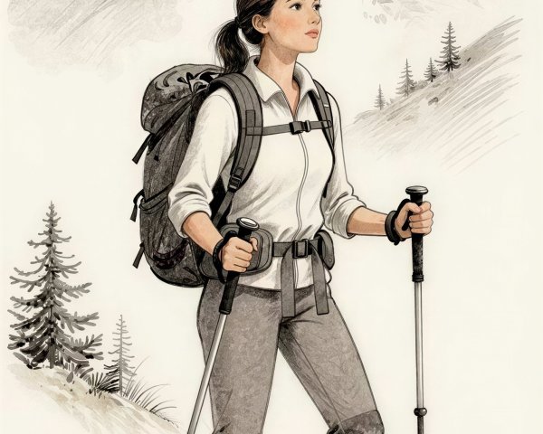 Ink Sketch of a Woman Hiking with Watercolor Accents