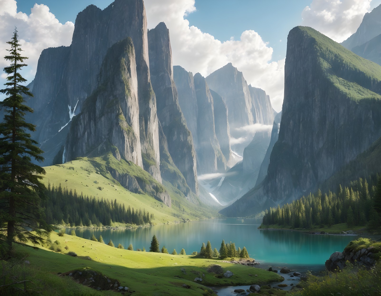 Serene Landscape with Mountains, Lake, and Waterfalls