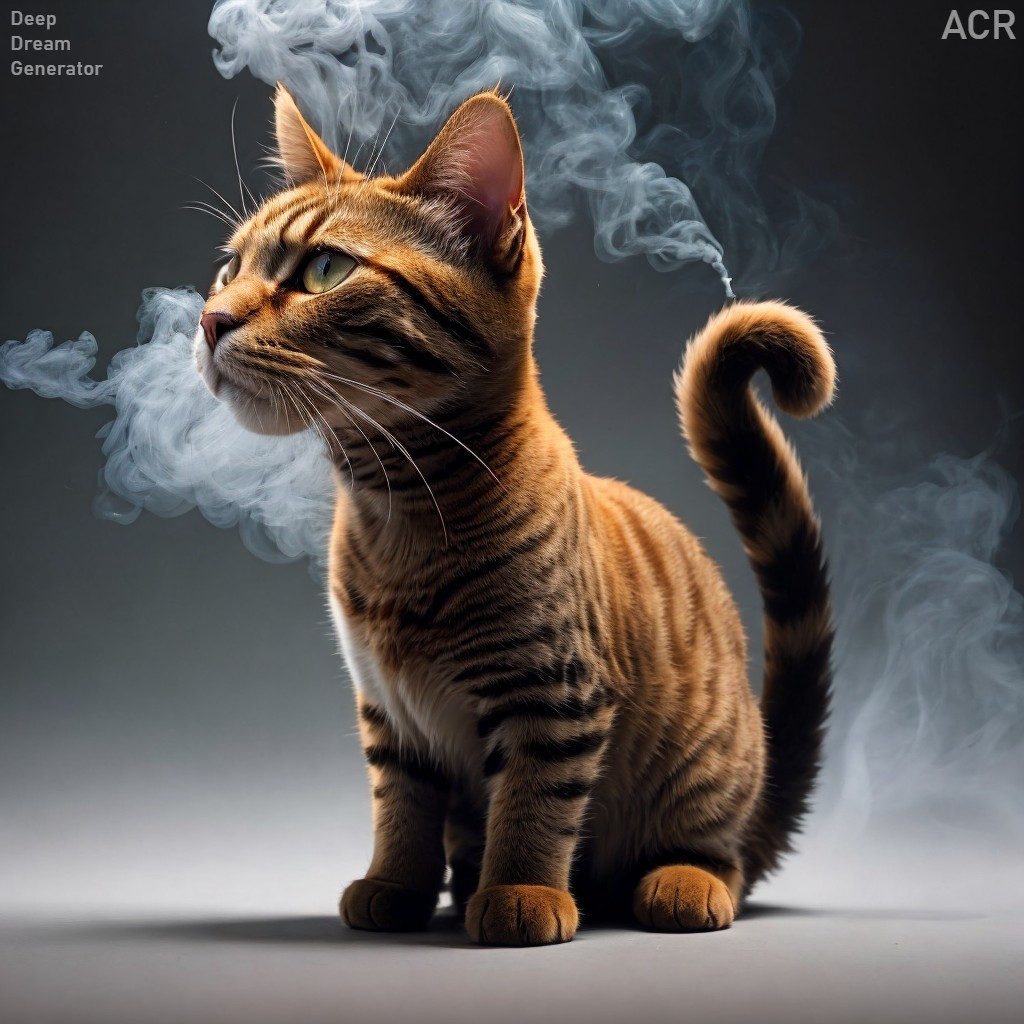 Brown Striped Cat with Green Eyes Surrounded by Smoke