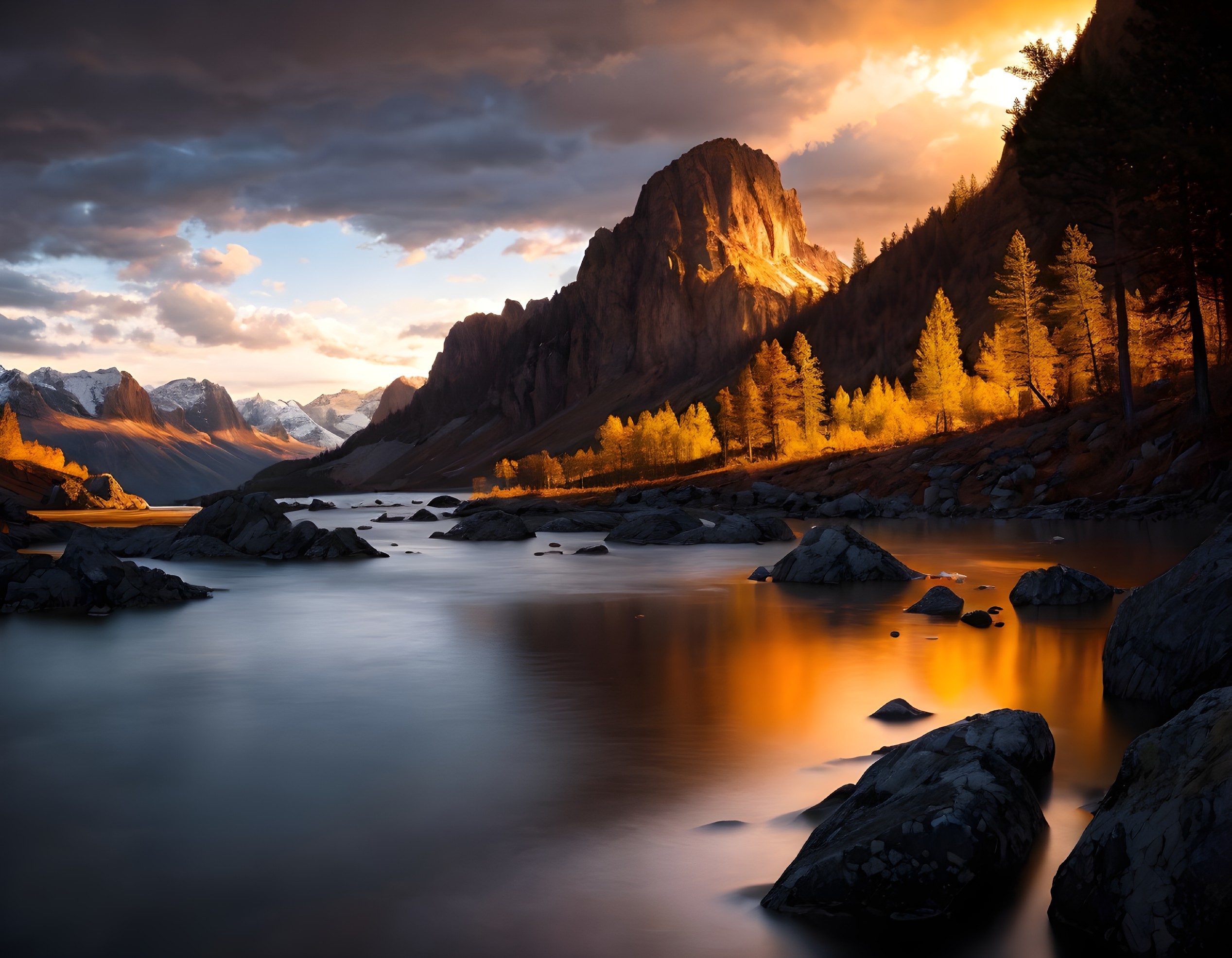 Tranquil lake at sunset with glowing trees, rugged mountains, and dramatic sky