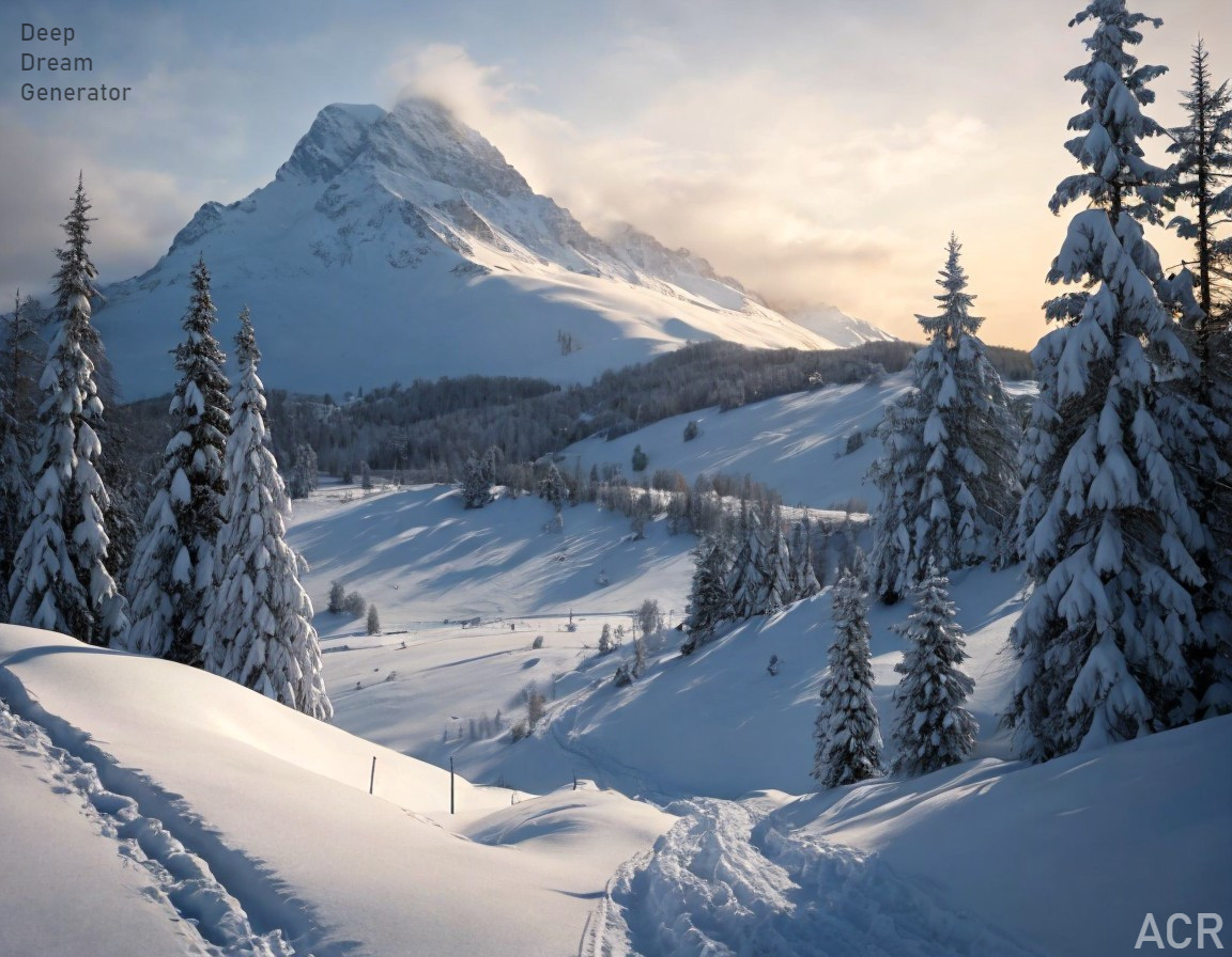 Snowy Mountain Landscape with Fir Trees and Ski Tracks at Golden Sunrise