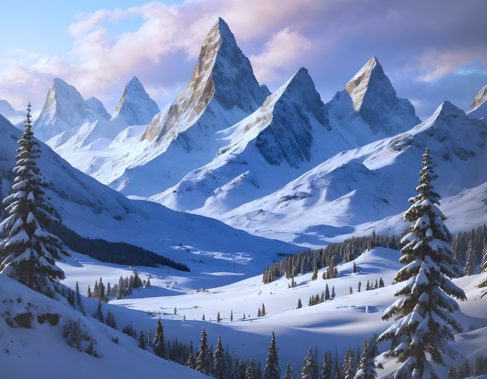 Winter Landscape with Snowy Mountains and Pine Trees