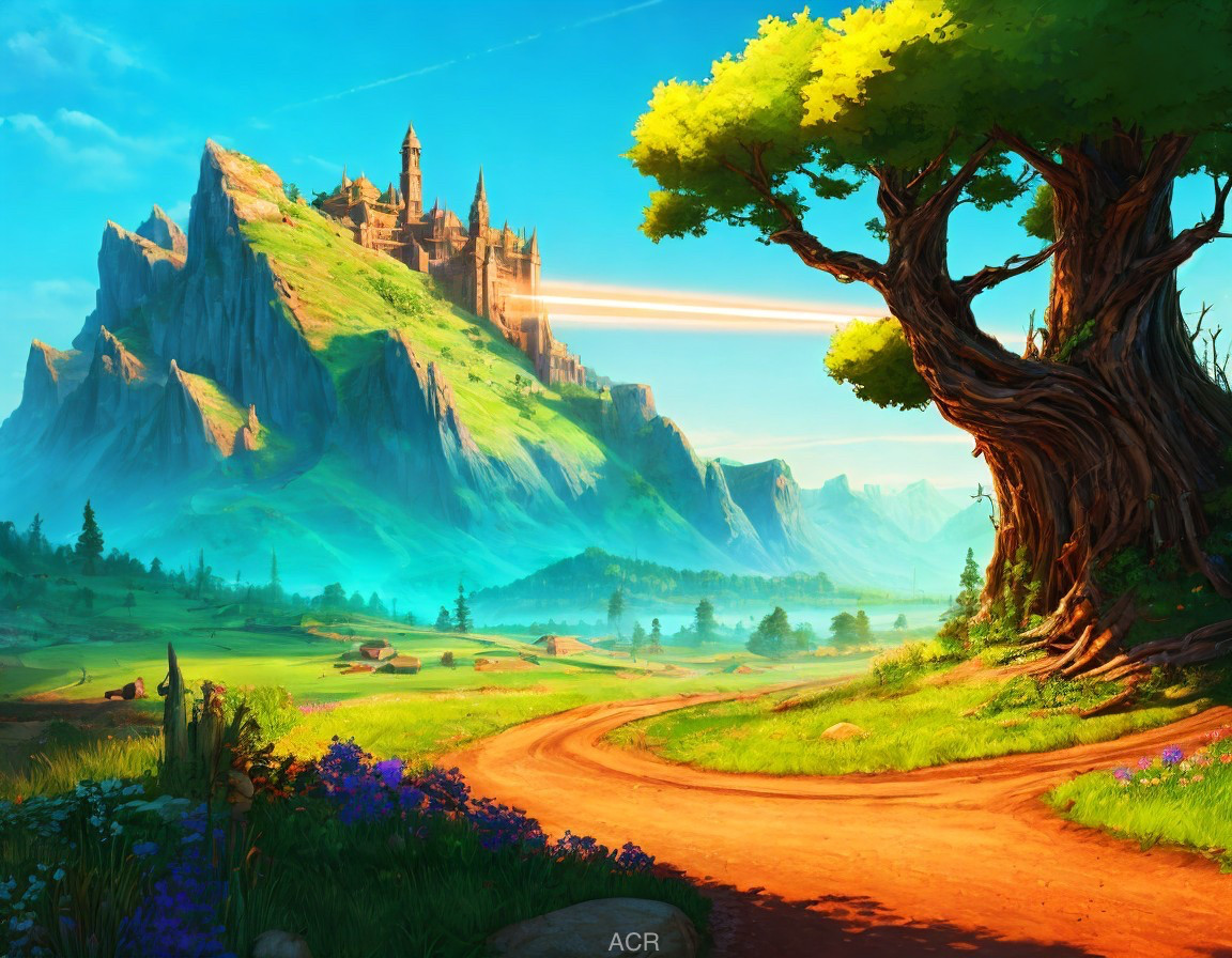 Vibrant Fantasy Landscape with Castle and Meadow