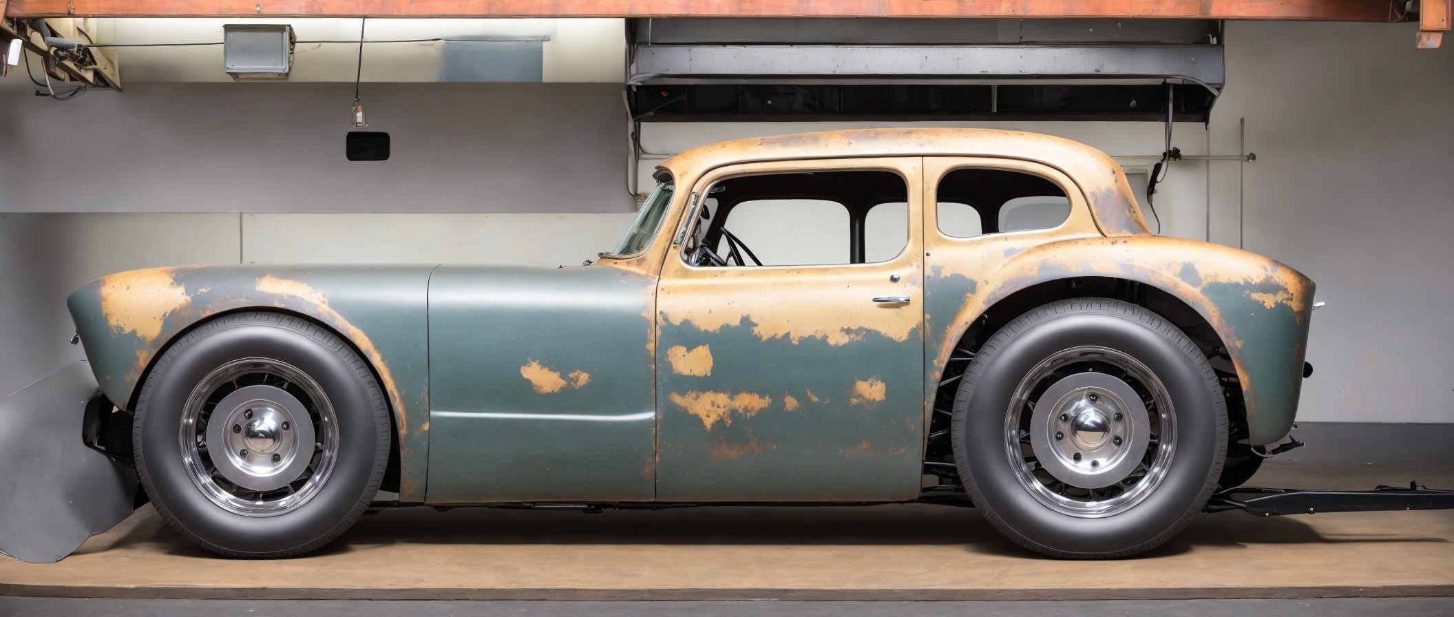 Vintage Car with Weathered Appearance in Garage Setting