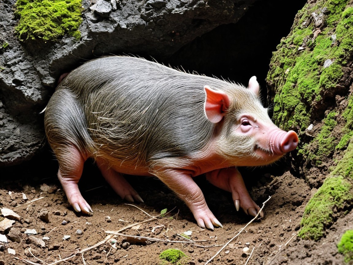Furry Piglet Exploring a Rocky Natural Setting