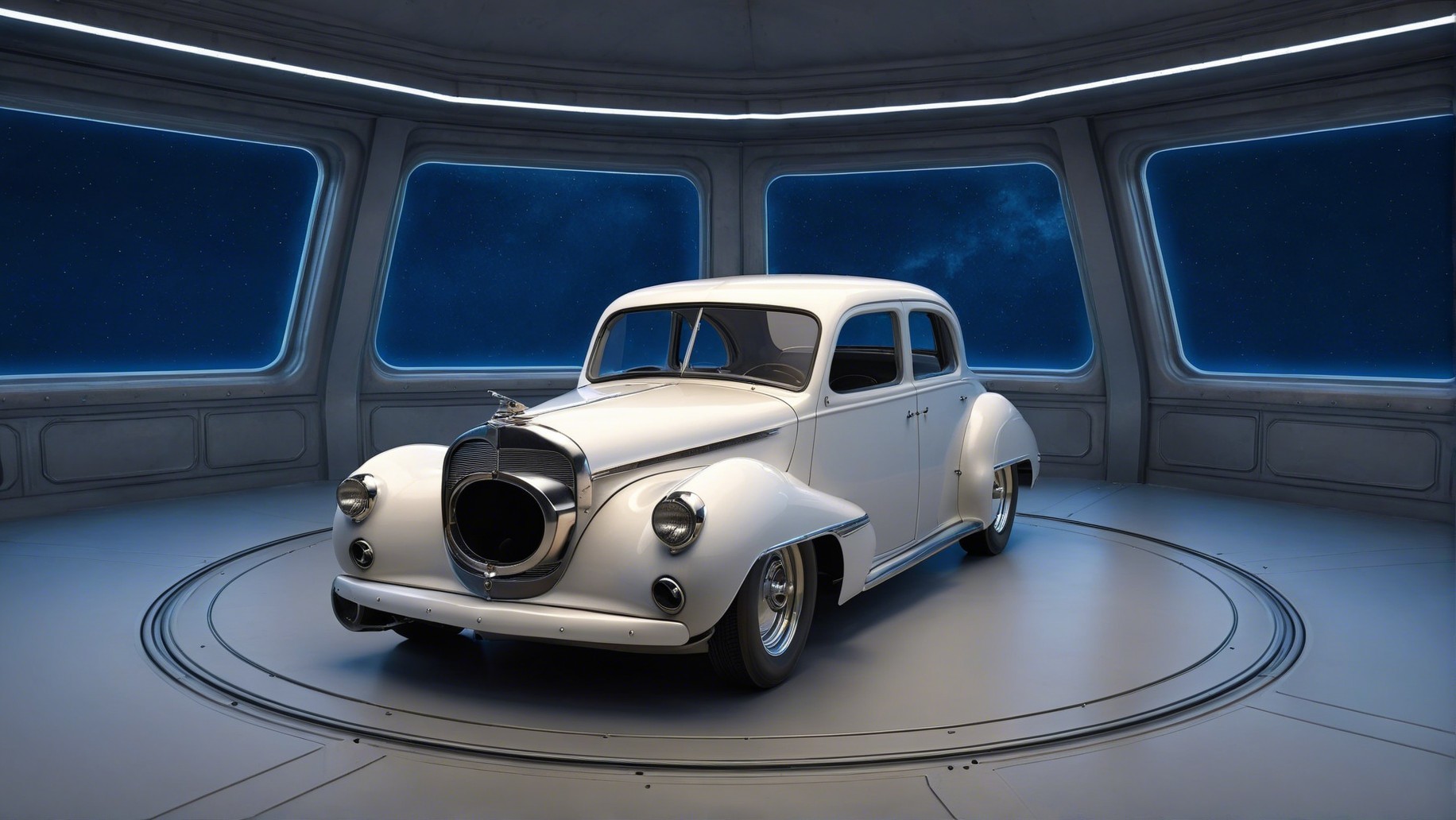Vintage Car in Futuristic Starry Setting
