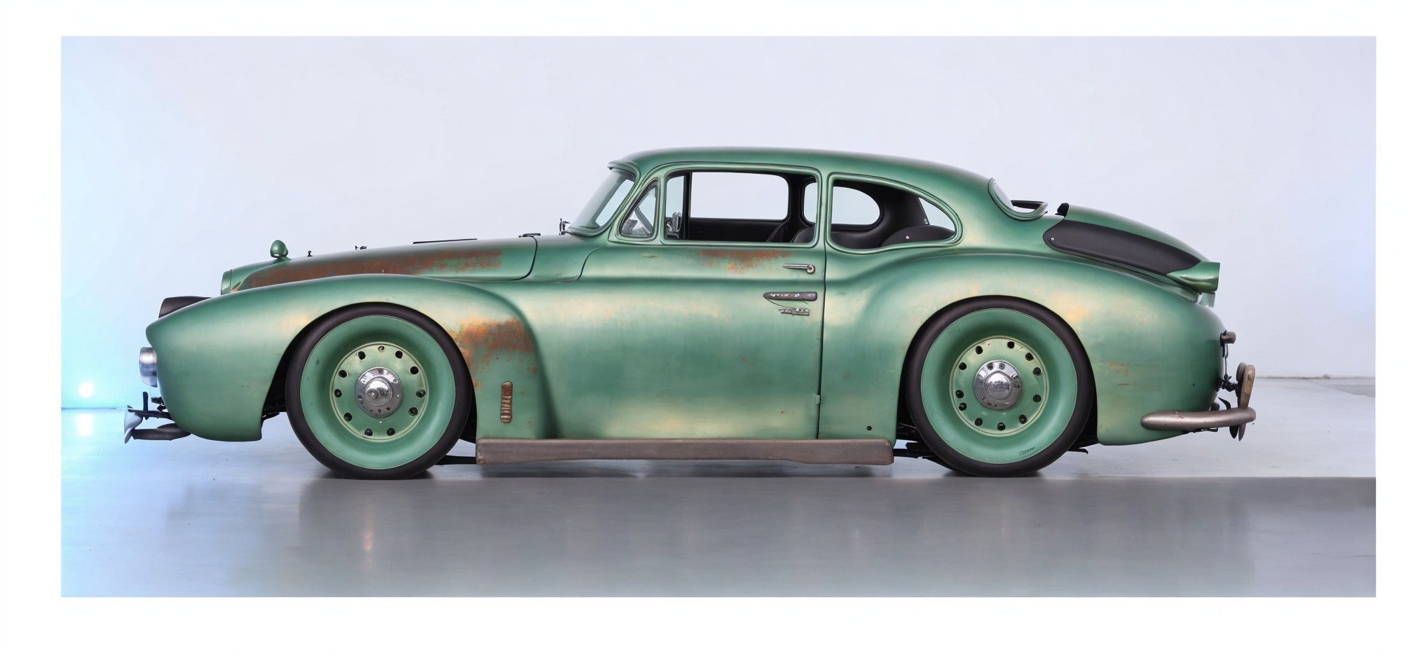 Vintage Coupe Car with Green Patina and Rust Accents