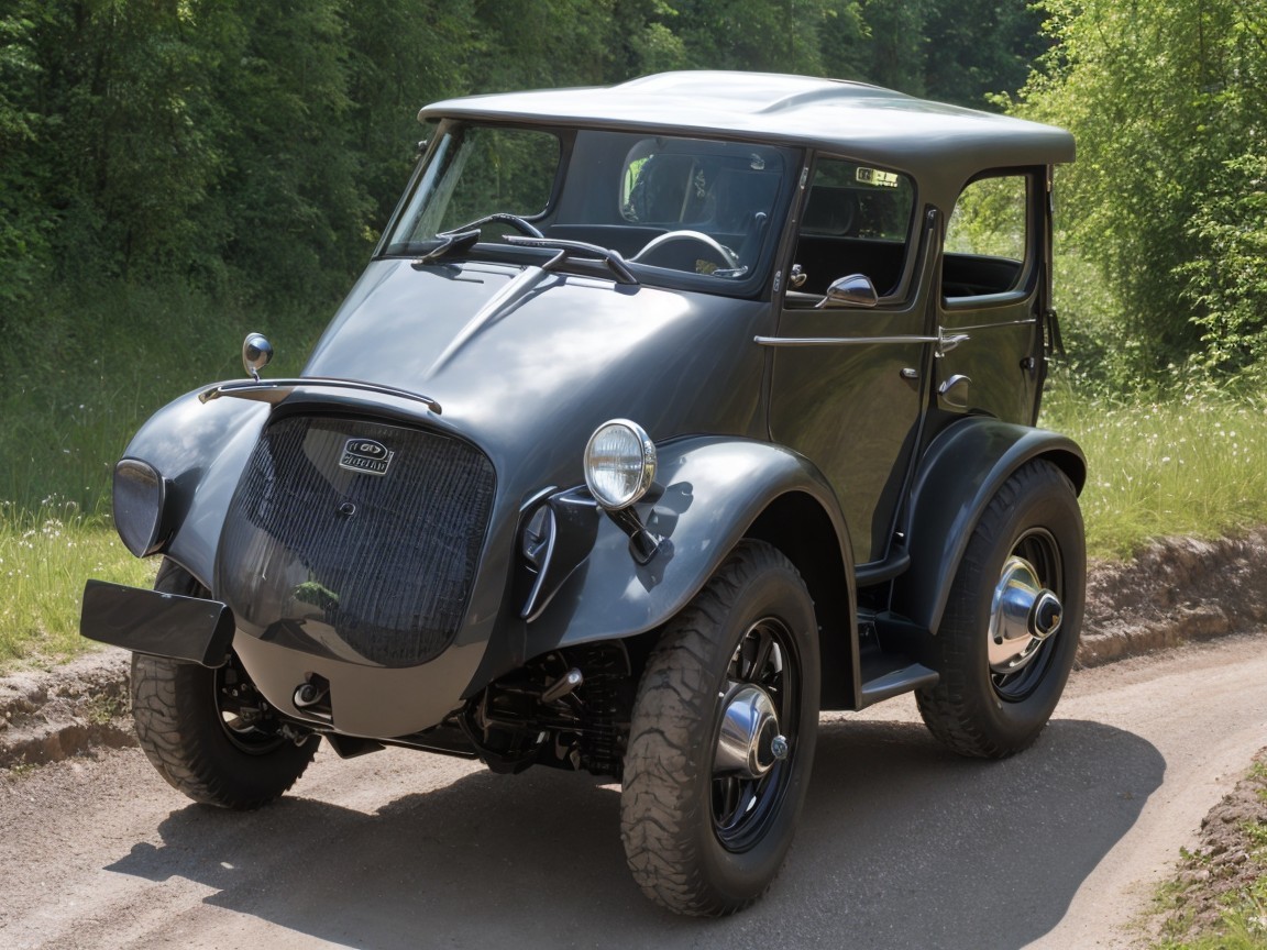 Vintage Car on Dirt Road Surrounded by Greenery