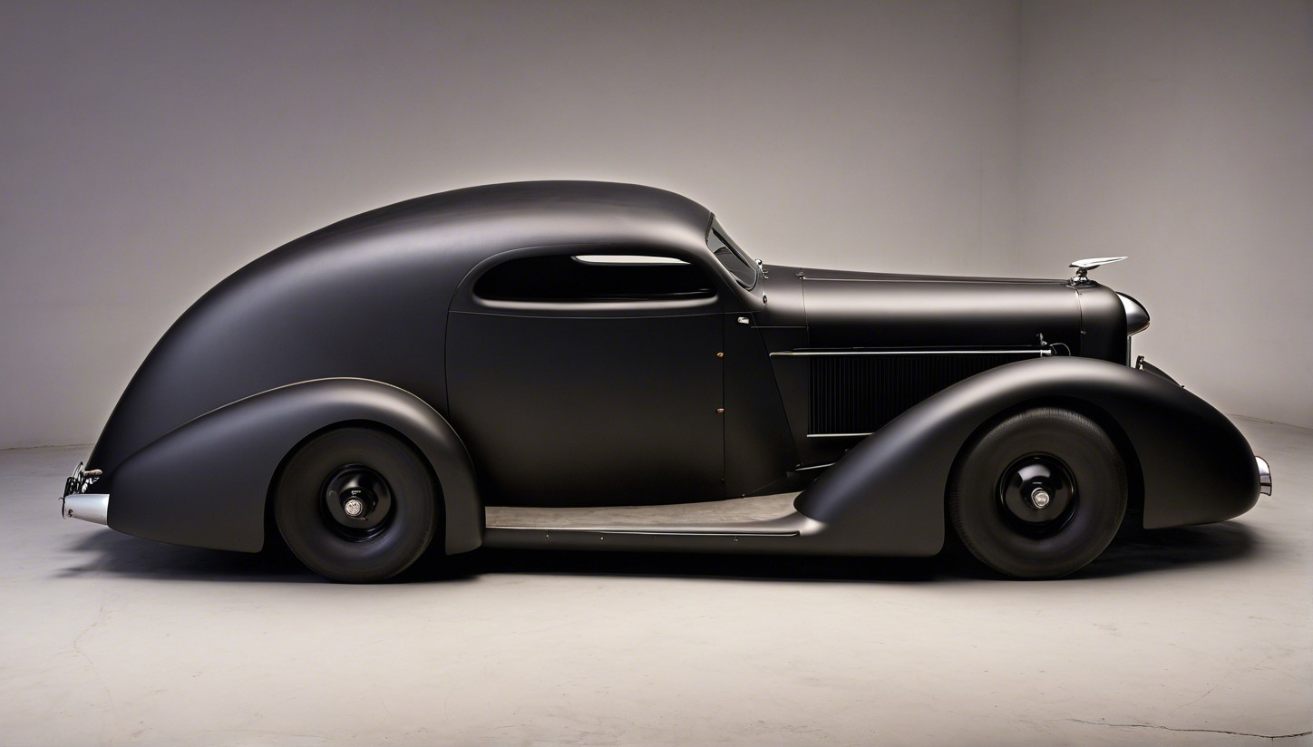 Vintage Matte Black Car with Rounded Design Features