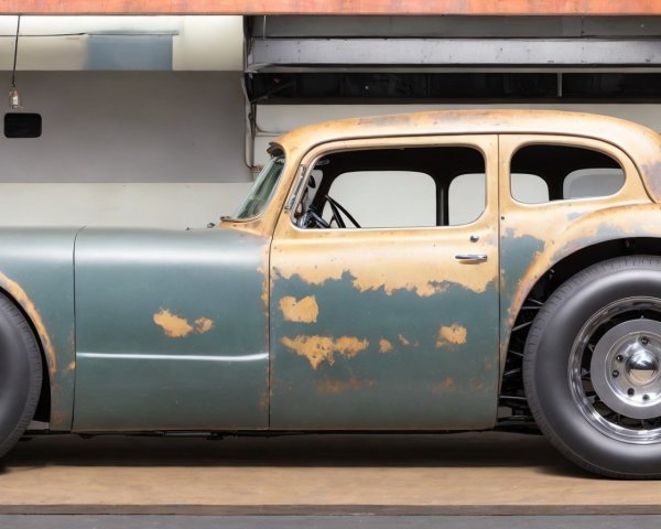 Vintage Car with Weathered Appearance in Garage Setting