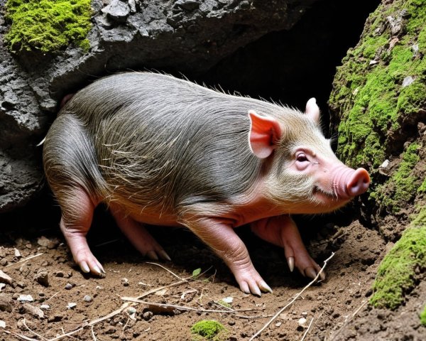 Furry Piglet Exploring a Rocky Natural Setting