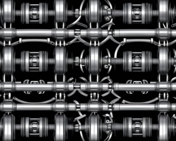 Intricate Metallic Gears and Shafts on Black Background