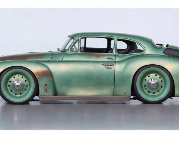Vintage Coupe Car with Green Patina and Rust Accents