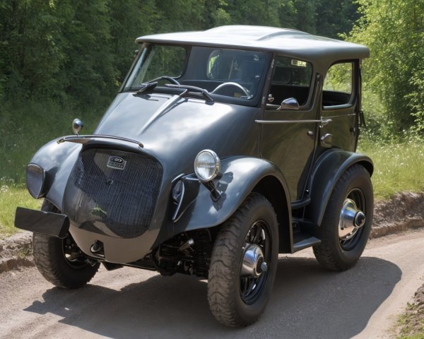 Vintage Car on Dirt Road Surrounded by Greenery