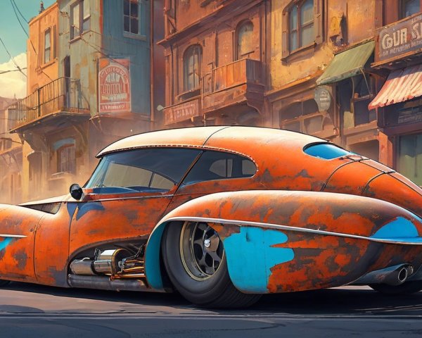 Vintage Car with Orange and Blue Retro-Futuristic Design
