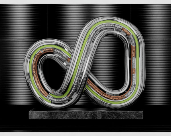 Sculptural Infinity Loop in Metallic Colors on Dark Base