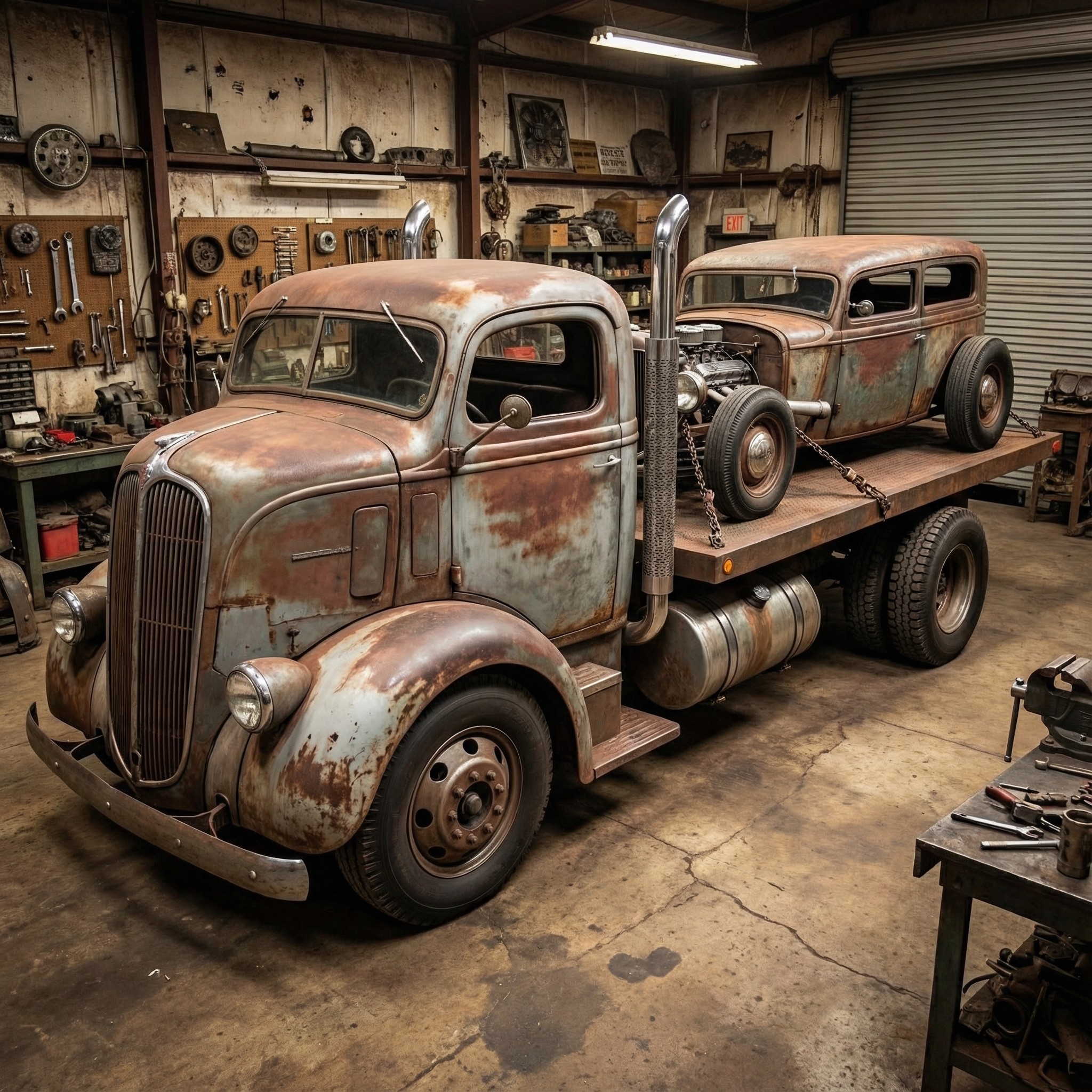 Rusty Vintage Truck and Hot Rod in Cluttered Garage