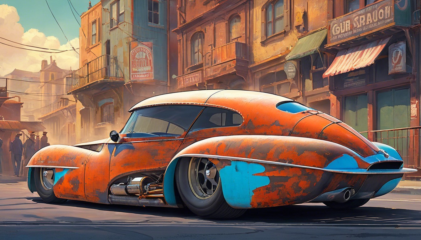 Vintage Car with Orange and Blue Retro-Futuristic Design
