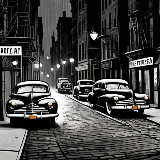 Vintage Monochrome Street Scene with Classic Cars