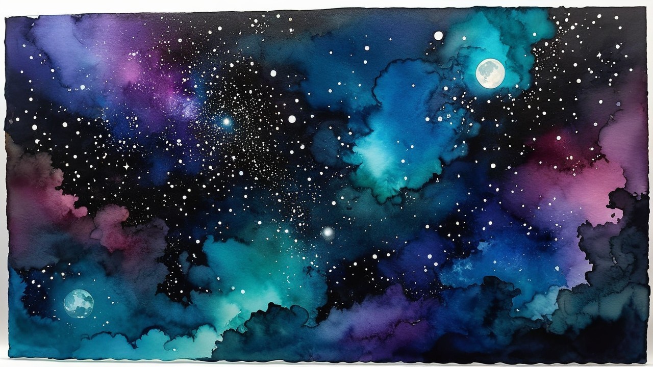 Watercolor Galaxy with Deep Blues and Luminous Moons