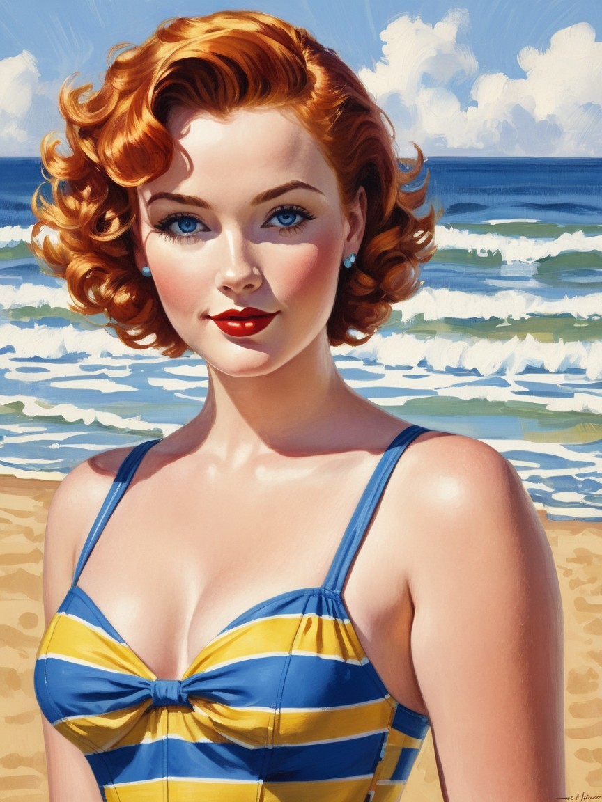 Vintage Illustration of Confident Woman at Beach